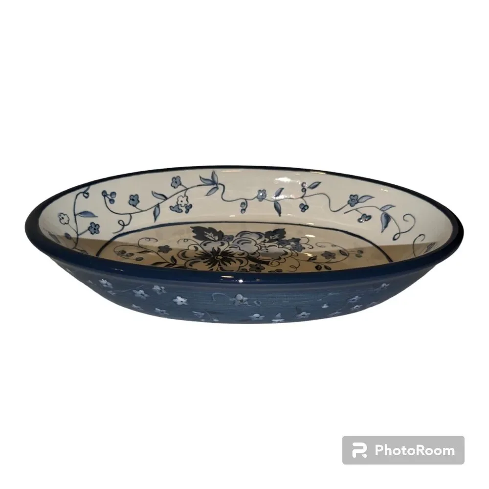 Lang Serving Bowls Earthenware Floral Blues Oval  set of 2 Blue white 9.75